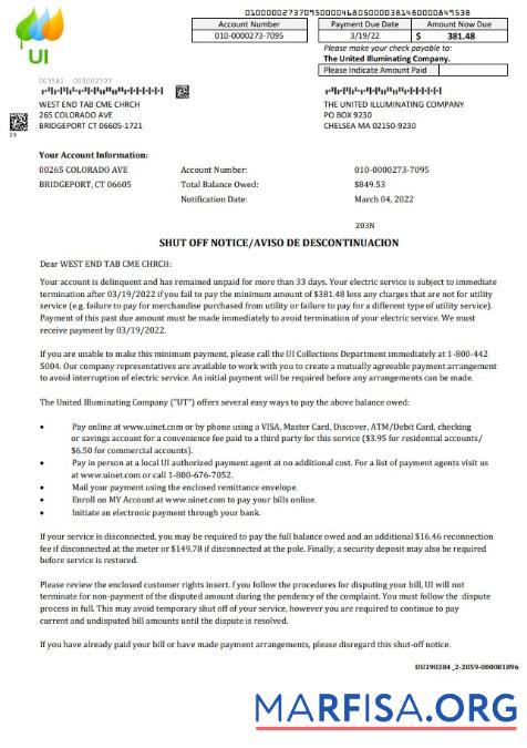 Realistic USA Massachusetts Chelsea The United Illuminating Company utility bill shutoff notice, Word and PDF template